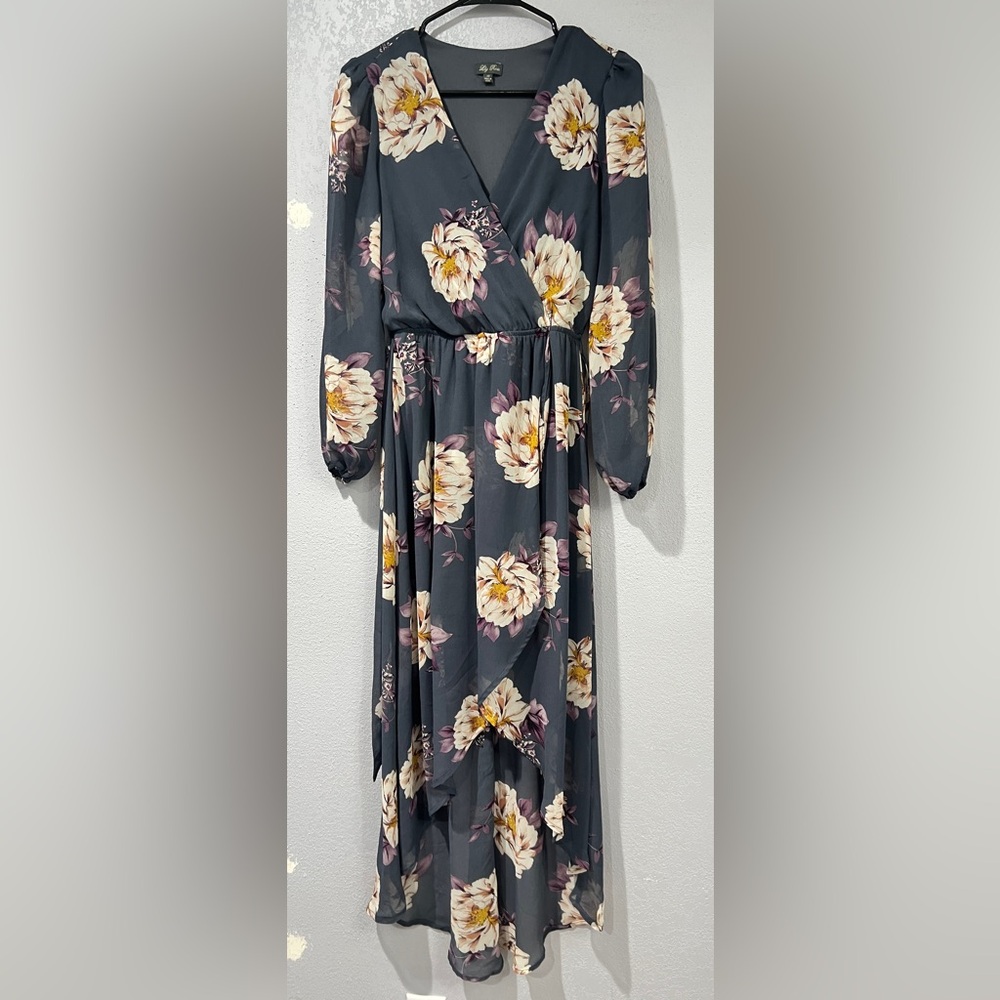 Lily Rose Floral Long Sleeve Flowy Symmetrical Maxi Length, Size XS